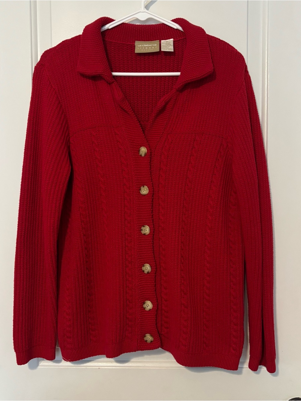 Liz Claiborne vintage red cardigan sweater petite small cable knit cotton